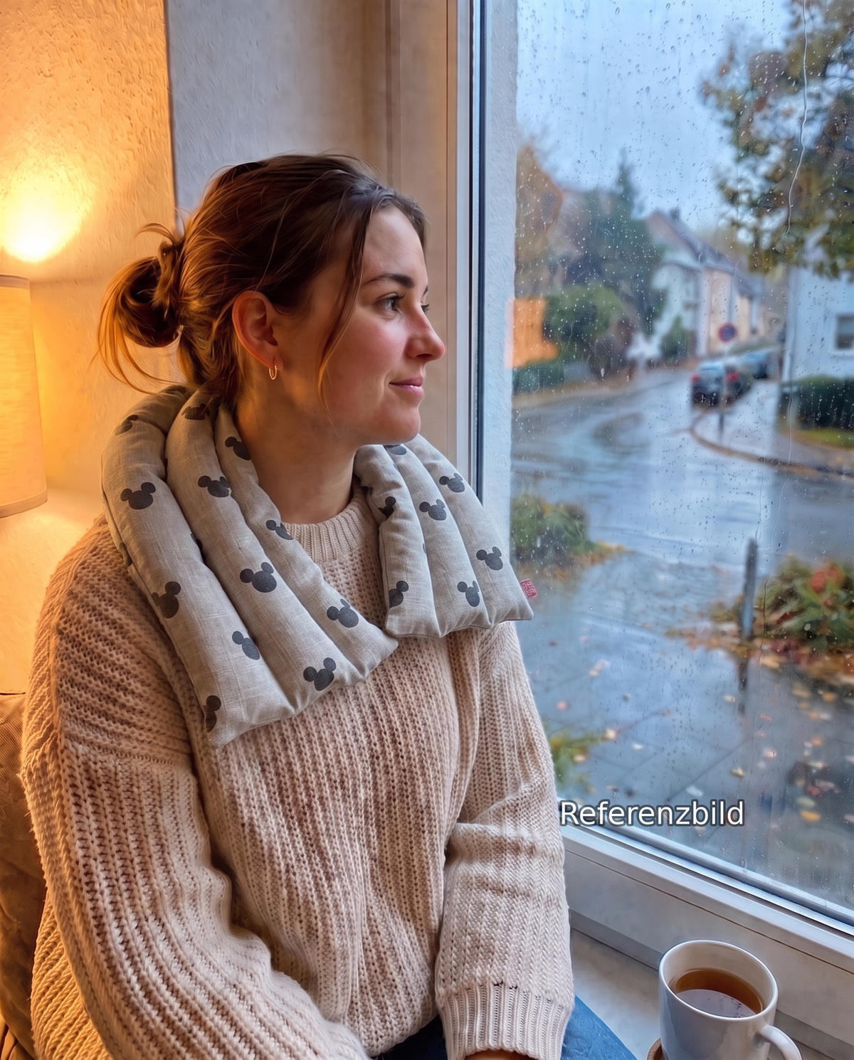 Schulter-Nackenkissen Graue Mäuschen – in Anwendung (Referenzbild)
