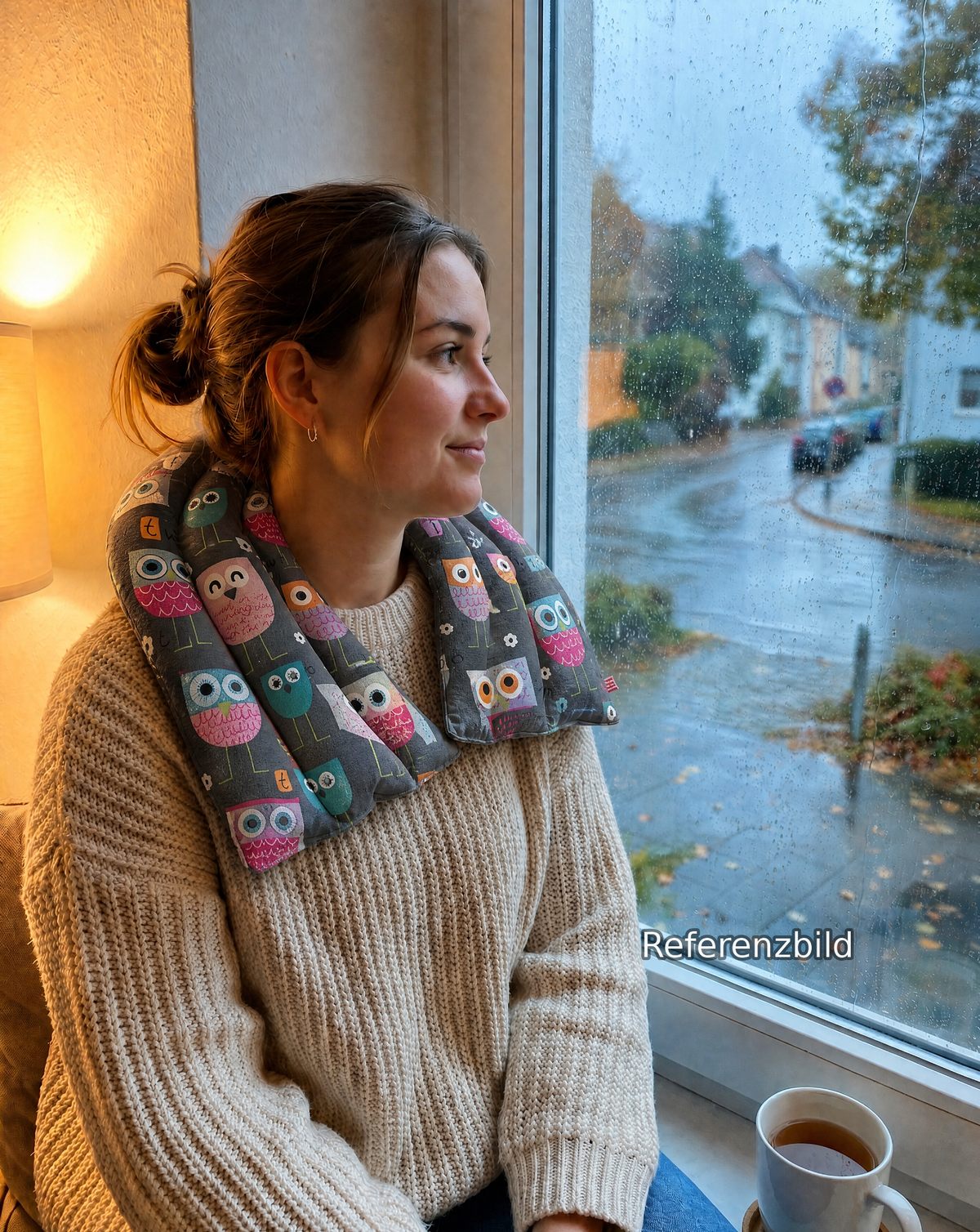 Schulter-Nackenkissen Bunte Eulen – in Anwendung (Referenzbild)